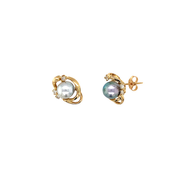 14k Yellow Gold Grey Pearl and Diamond Earrings