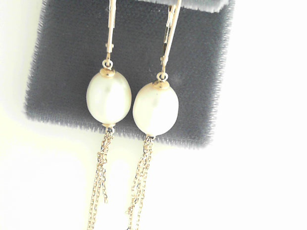 Ladys Yellow 10 Karat Drop Earrings With  9mm Fresh Water Pearls