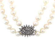 8mm Double Strand Knotted White Pearl Necklace with 14k White Gold and 0.5cttw Diamond Clasp
