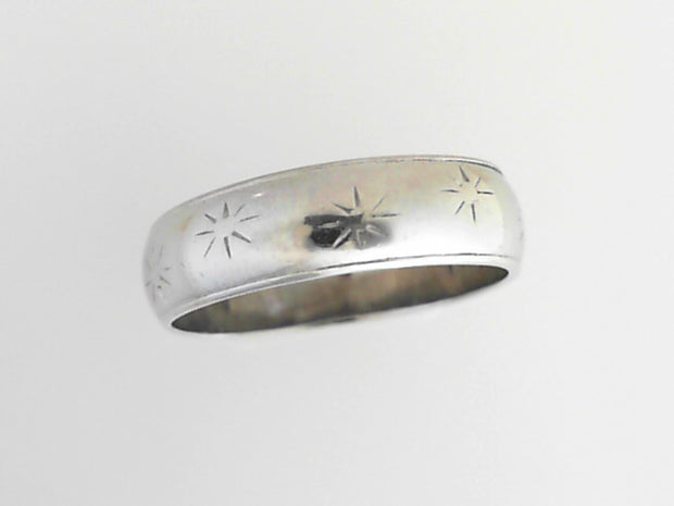 6.5mm 14K White Gold Mens Half Round Band Starburst Pattern