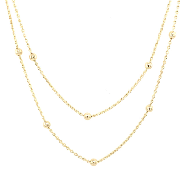 14k Yellow Gold Two Strand Beaded Cable Station Chain