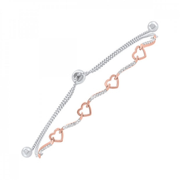 Sterling Silver and 10k Rose Gold Diamond Hearts Bracelet