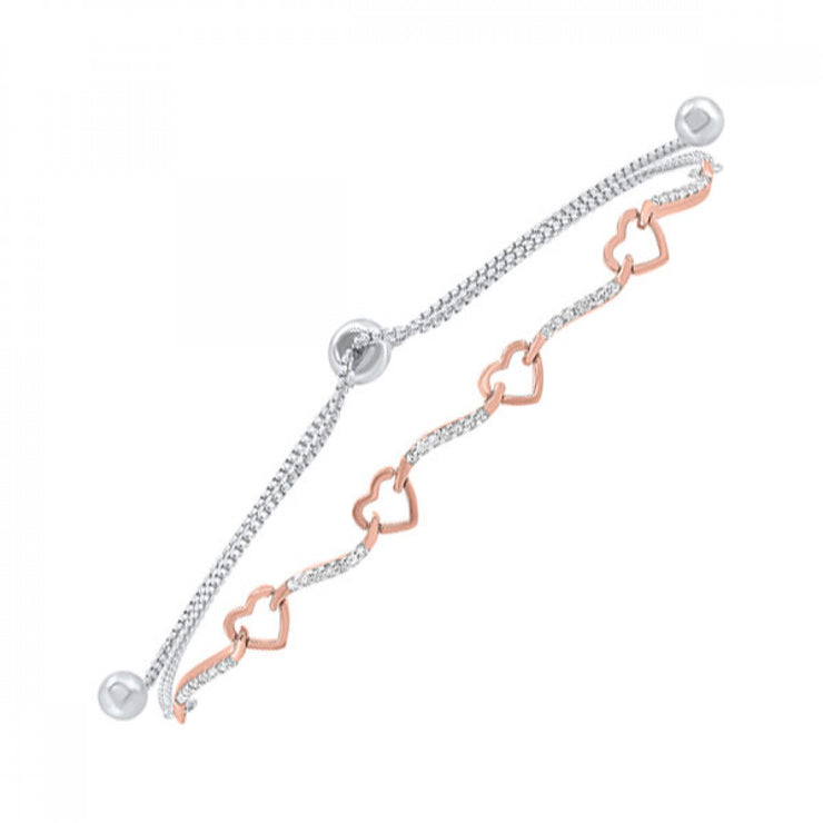 Sterling Silver and 10k Rose Gold Diamond Hearts Bracelet