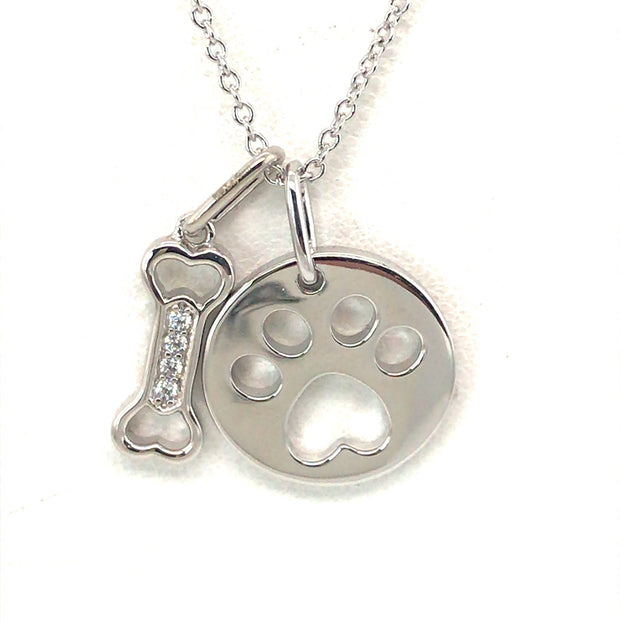 Simulated Diamond Dog Bone and Paw Print Pendant