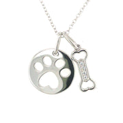 Simulated Diamond Dog Bone and Paw Print Pendant