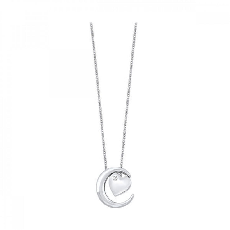 Sterling Silver Diamond Heart in Moon Necklace