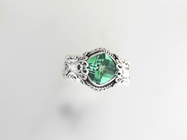 White Sterling Silver Green Lab Sapphire Ring Sz8 ""Blooming Joy""